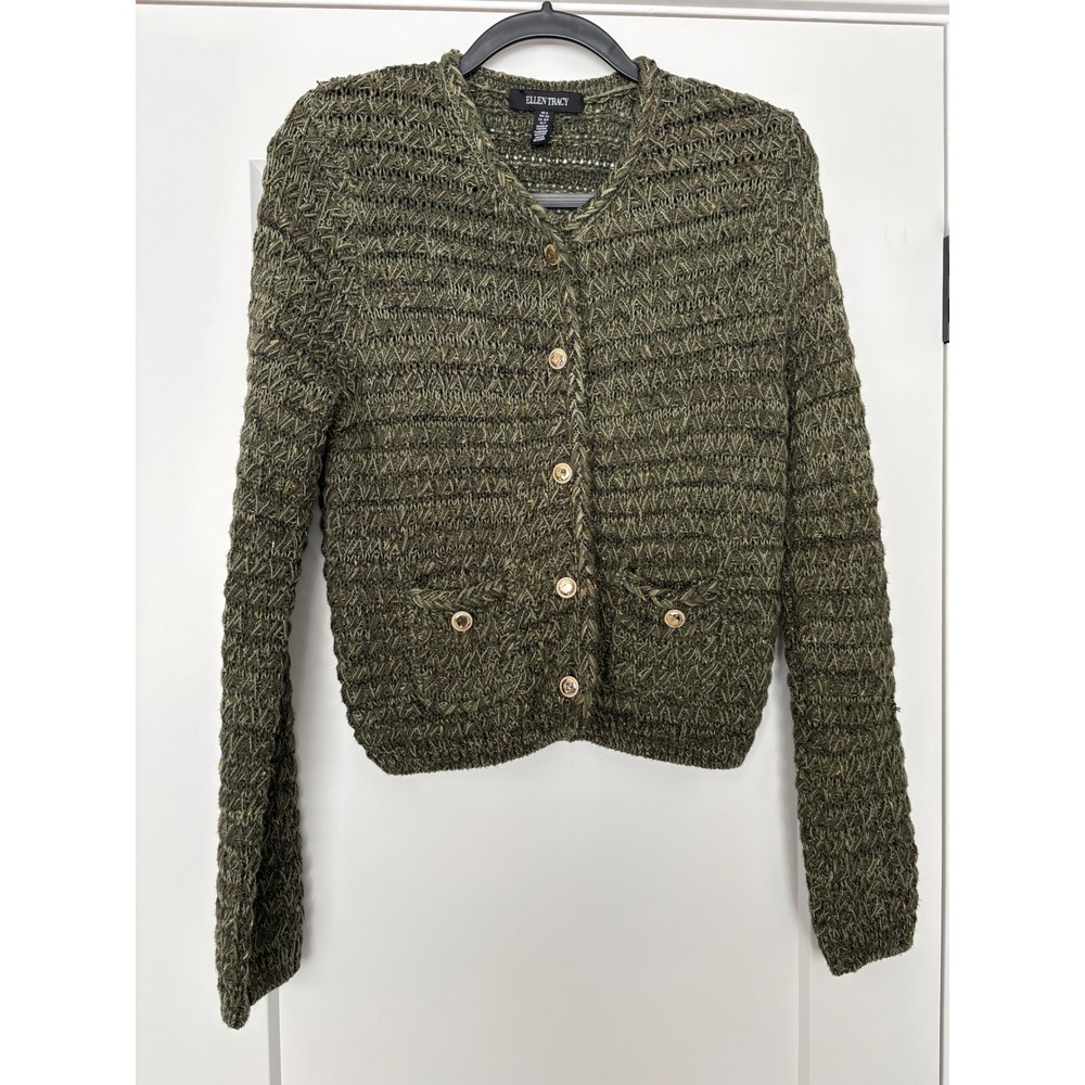 Ellen Tracy Green Textured Metallic Knit Gold Buttons Quiet Luxury Sweater S‎